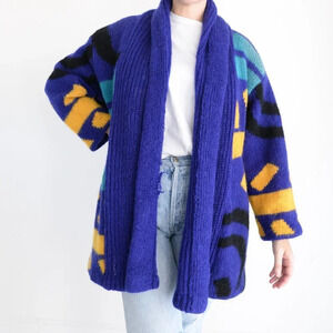 Vintage Handmade Purple Blue & Yellow  Knit with Liner Open Cardigan